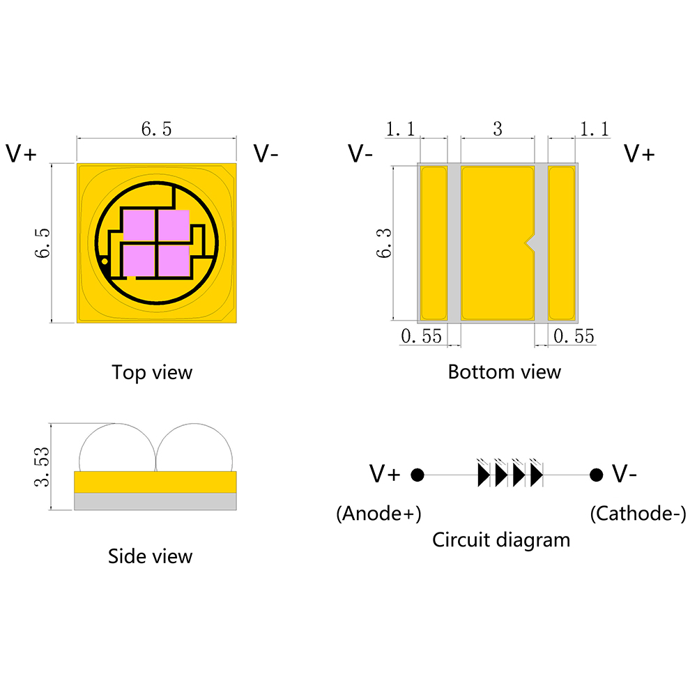 Fonte de luz de cura UV cerâmica de alta potência 6565 UV de 30 graus/60 graus 365-410nm